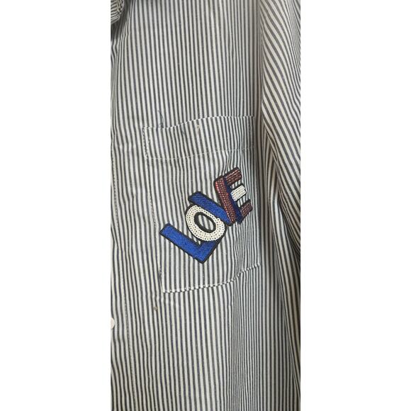 Mo & Co long sleeve blue striped button down dress with patches and beadwork - Picture 5 of 7